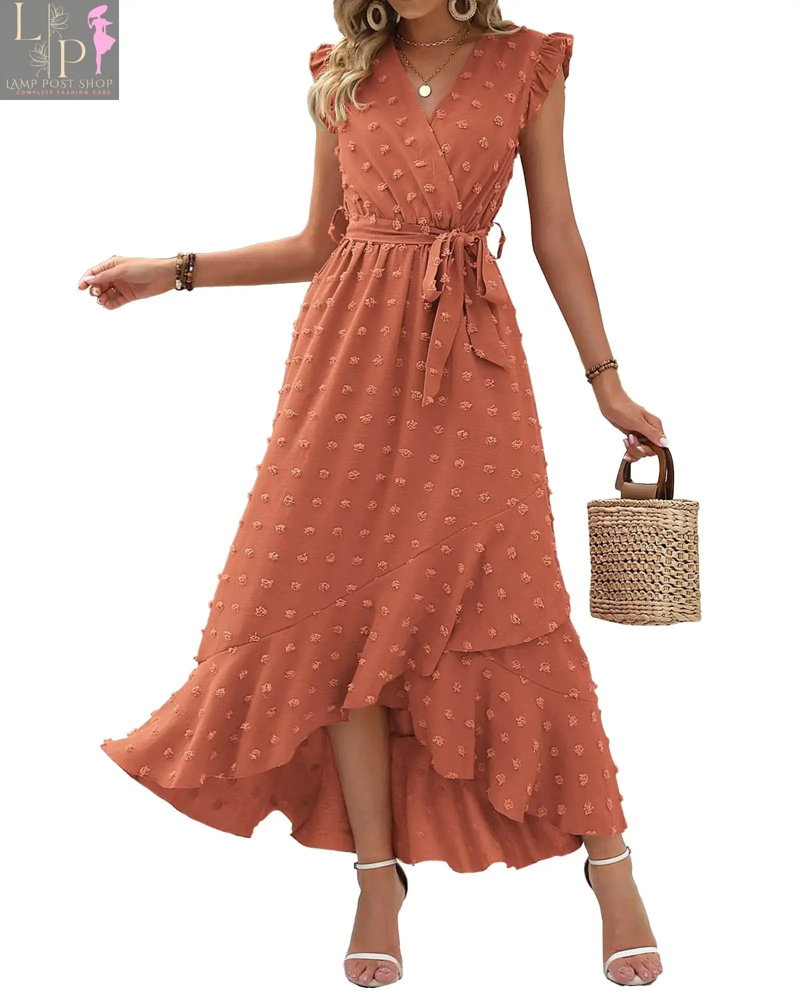 Women’s 2024 summer V-neck dress by Lamp Post featuring Swiss dot fabric in orange-red, medium length, stylish and lightweight.