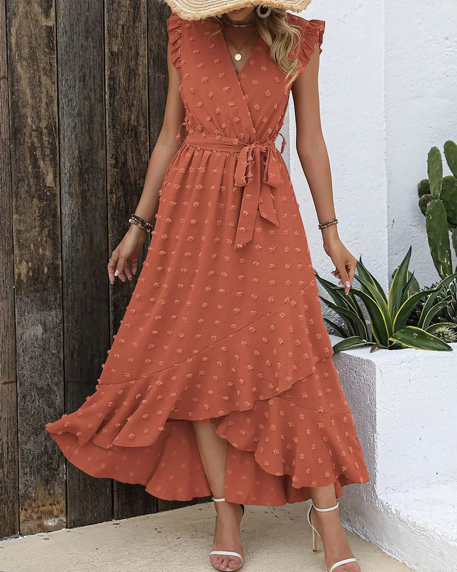 Women’s 2024 summer V-neck dress by Lamp Post featuring Swiss dot orange-red fabric, sleeveless with a relaxed fit.