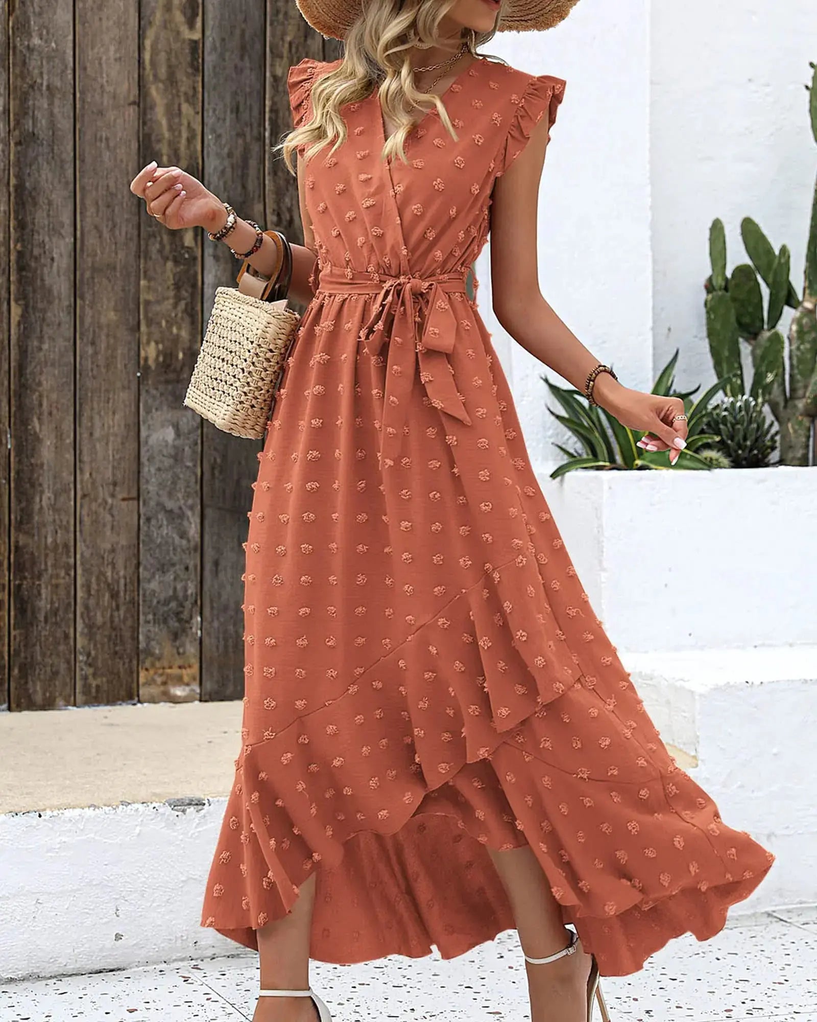 Women’s 2024 summer V neck dress by Lamp Post, orange-red Swiss dot fabric, medium size, stylish and lightweight for warm weather.