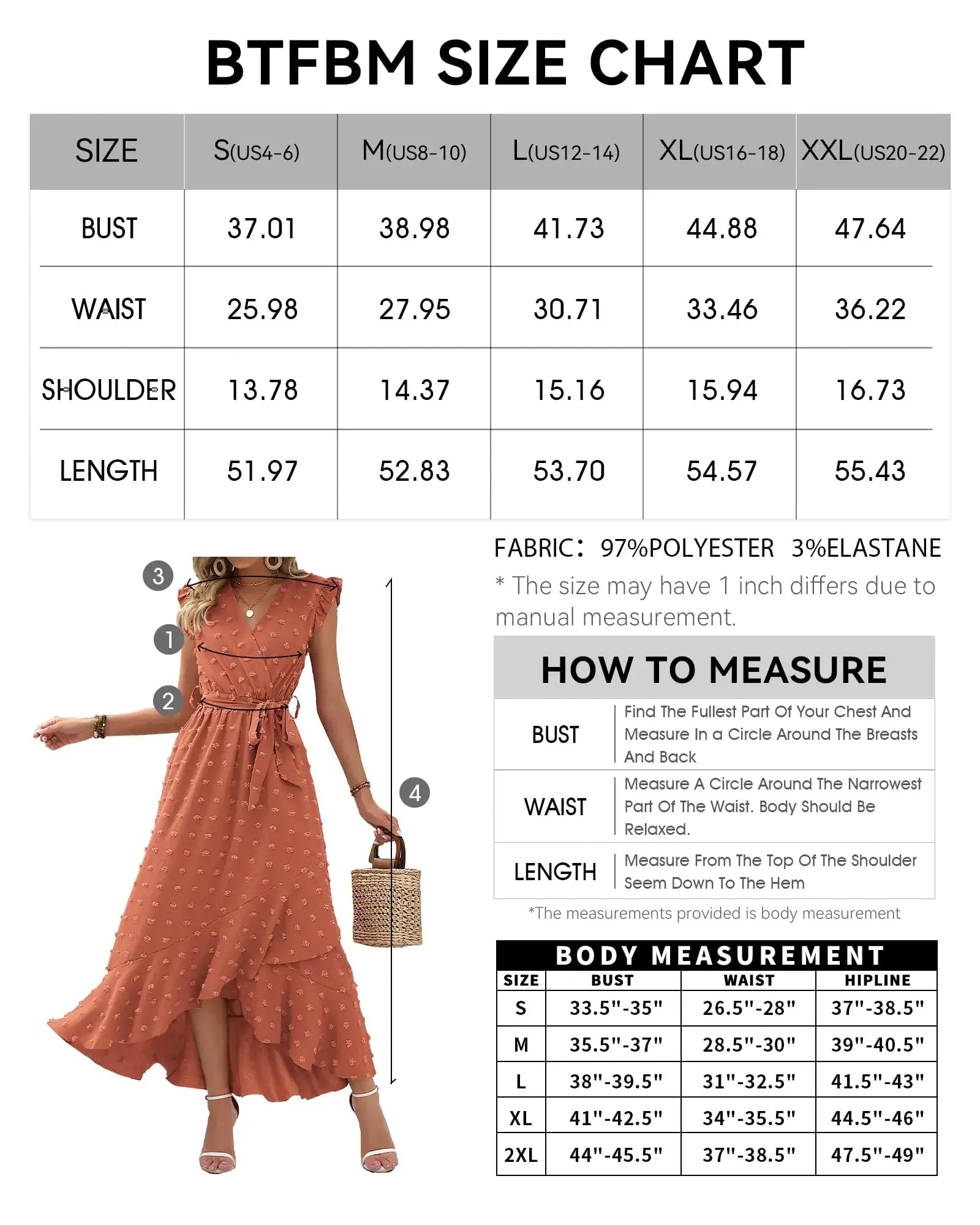 Women’s orange-red summer V-neck dress by Lamp Post, featuring Swiss dot fabric and a flowy, stylish silhouette.