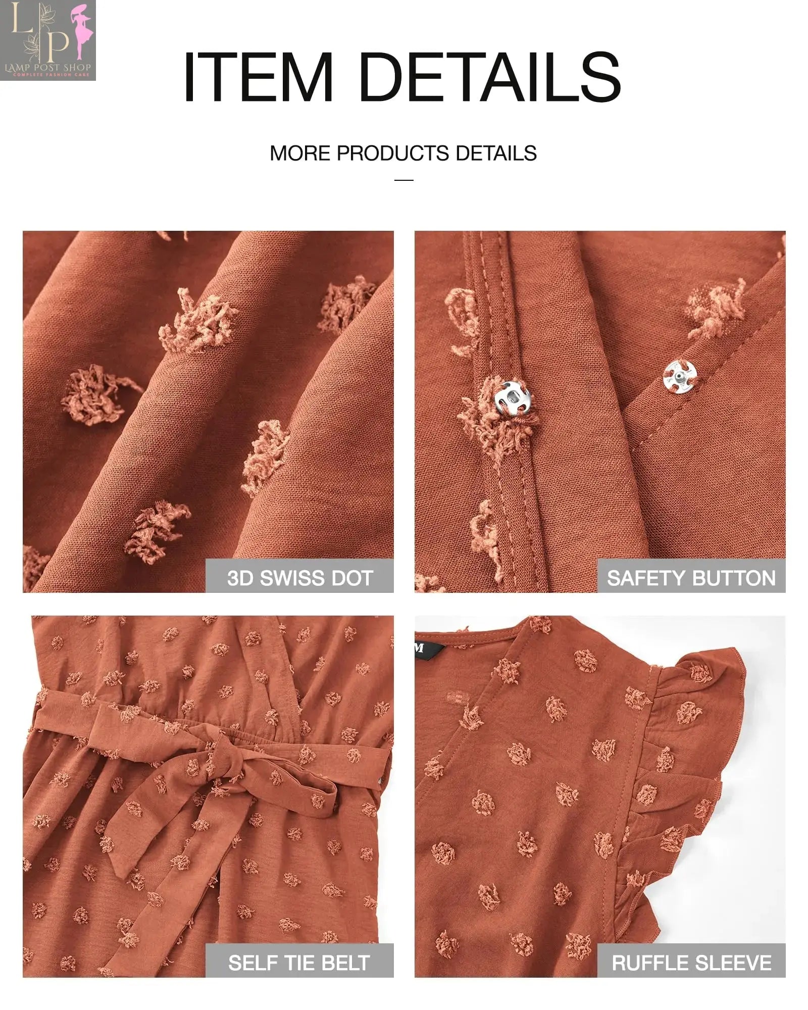 Women’s 2024 summer V-neck dress by Lamp Post featuring Swiss dot fabric in orange-red, casual and stylish for warm weather.