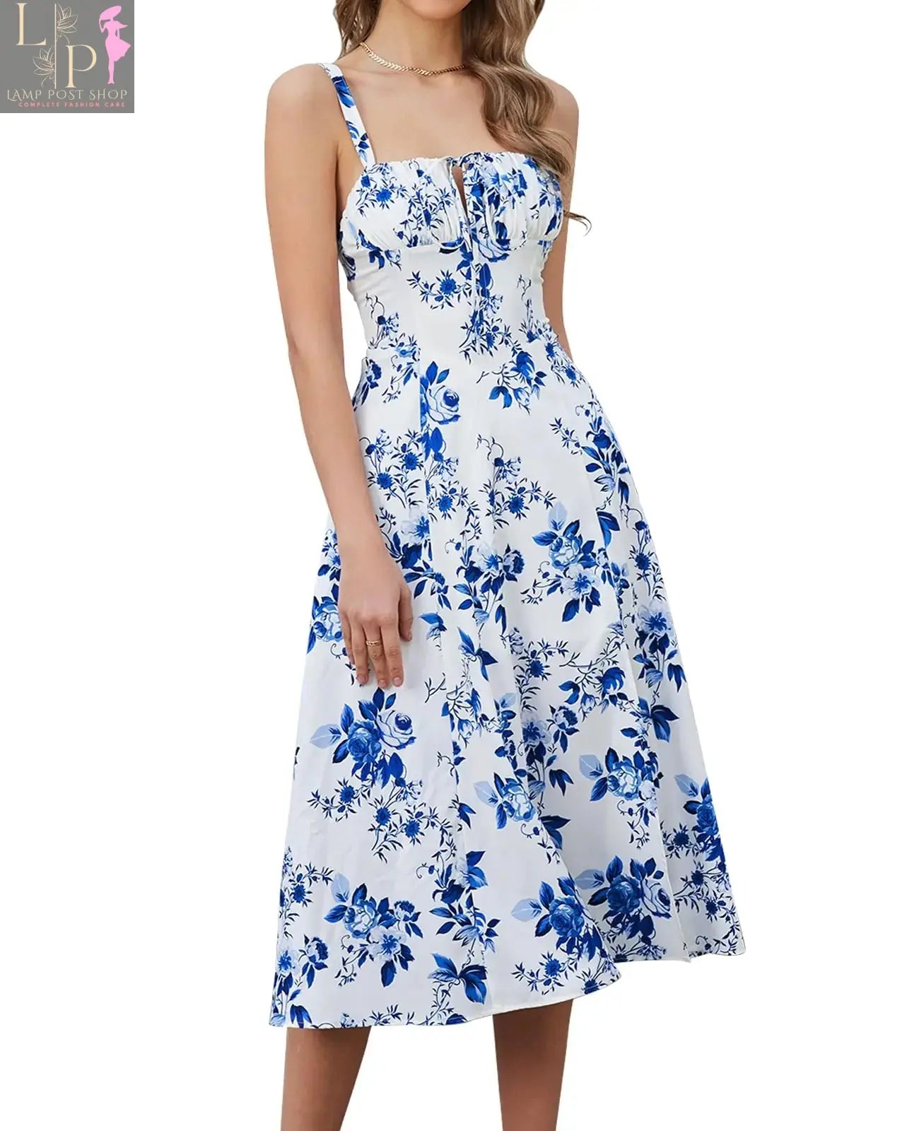 White floral midi corset dress for women by Lamp Post, boho flowy sundress with slit, lace-up, wide shoulder straps, perfect for casual outings.