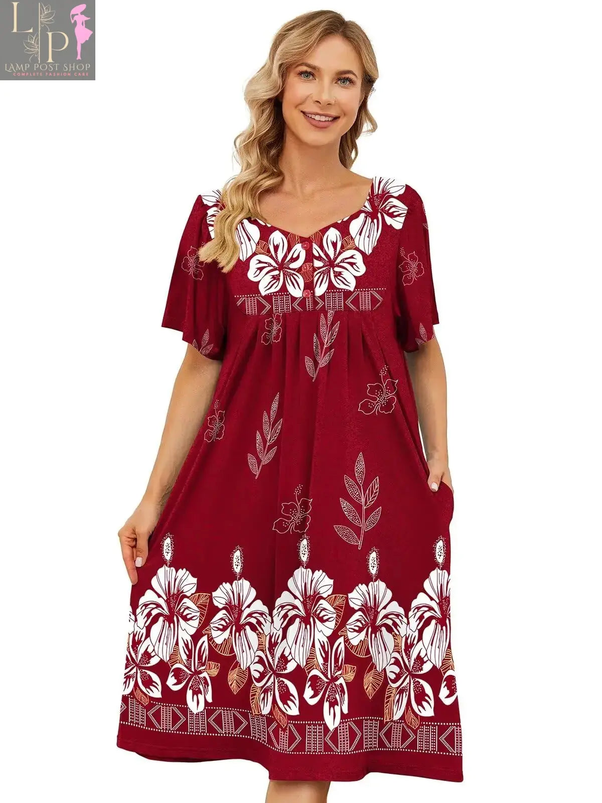 Wine red women’s house dress by Lamp Post with short sleeves, pockets, and relaxed fit, available in 5X-Large size.