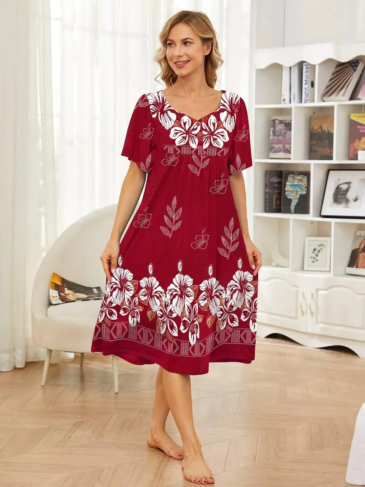 Wine red women’s house dress by Lamp Post with short sleeves, pockets, and a relaxed fit, available in 5X-Large size.