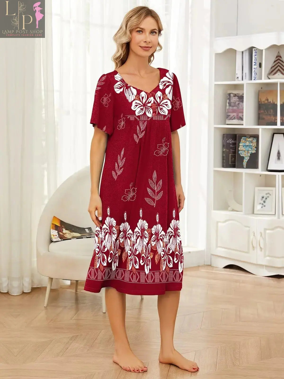 Wine red women’s house dress by Lamp Post with short sleeves, pockets, and a relaxed fit, available in 5X-Large size.