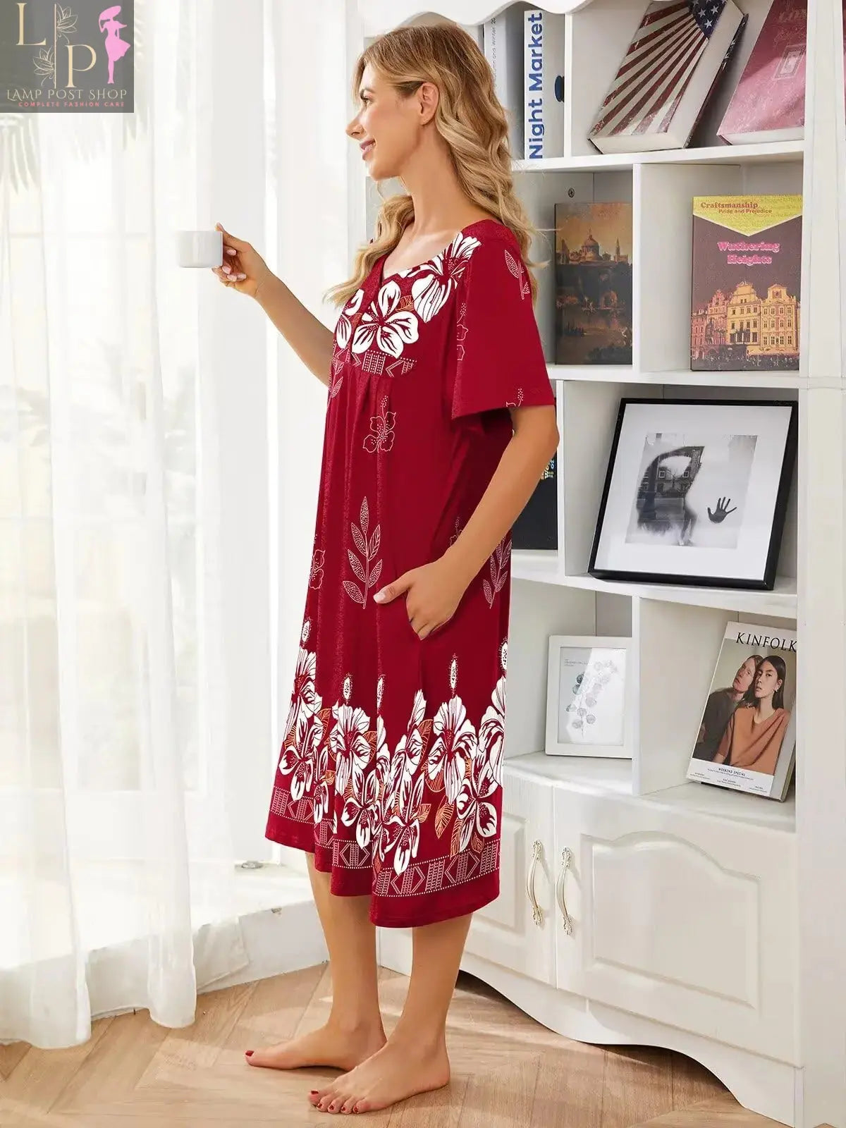 Wine red women’s house dress by Lamp Post with pockets, short sleeves, loose fit, lounge style, available in 5X-Large and S-3XL.