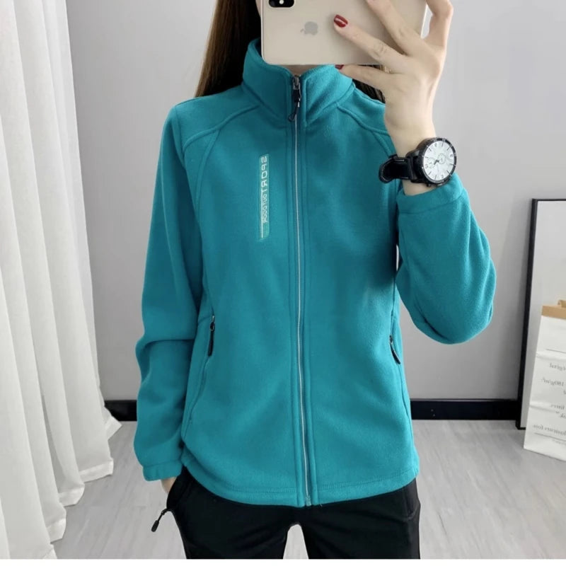 Beige women's winter running jacket by Lamp Post, stylish sweatshirt coat, designed for warmth and outdoor activity.