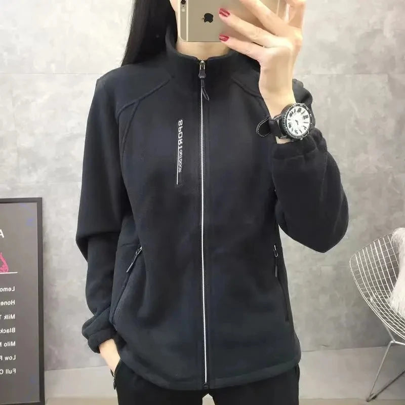 Beige women's winter running jacket by Lamp Post, a cozy sweatshirt coat with a hood, suitable for cold weather running.