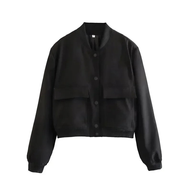 Beige women's bomber jacket with long sleeves, crop style, from Lamp Post, stylish outerwear for women.