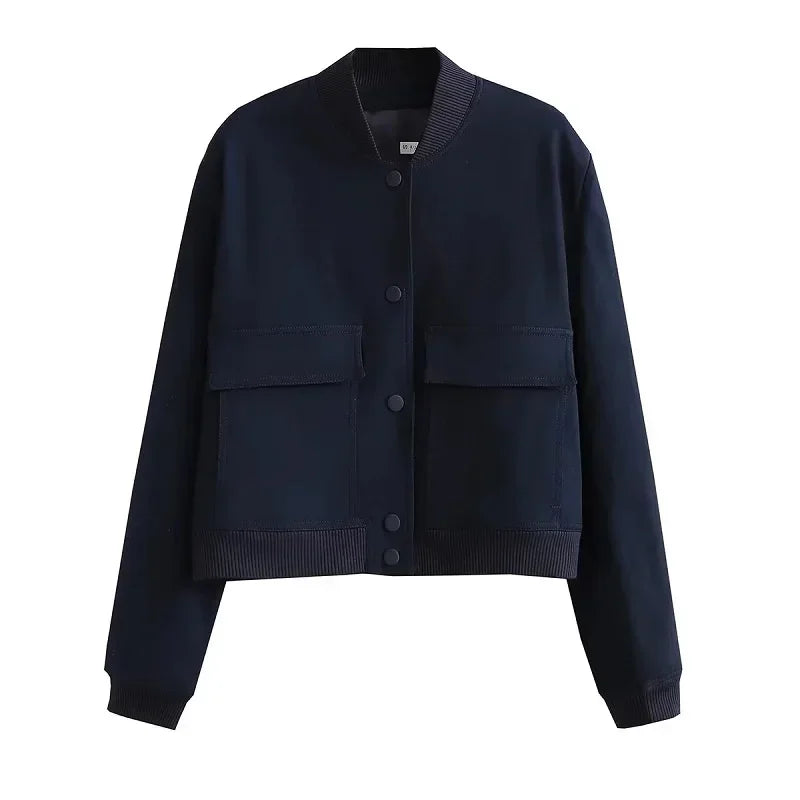 Beige Lamp Post women's bomber jacket with long sleeves and cropped design, stylish outerwear for women.
