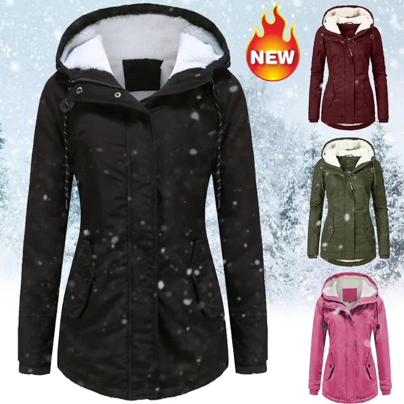 Black women's winter warm coat by Lamp Post, outdoor hiking jacket with hood, windproof and insulated for cold weather.