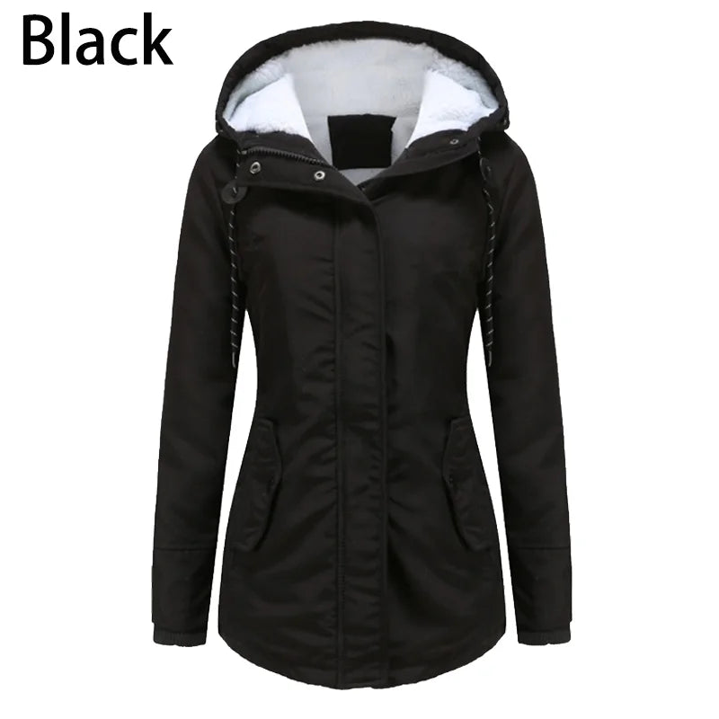 Black Women's winter warm coat by Lamp Post, outdoor hiking hooded windproof jacket with a fitted design and front zipper.