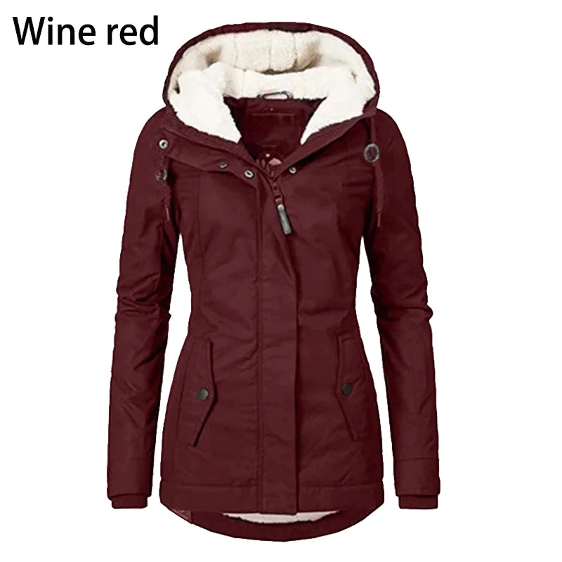 Black women's winter warm coat by Lamp Post with hood, windproof design, ideal for outdoor hiking and cold weather.