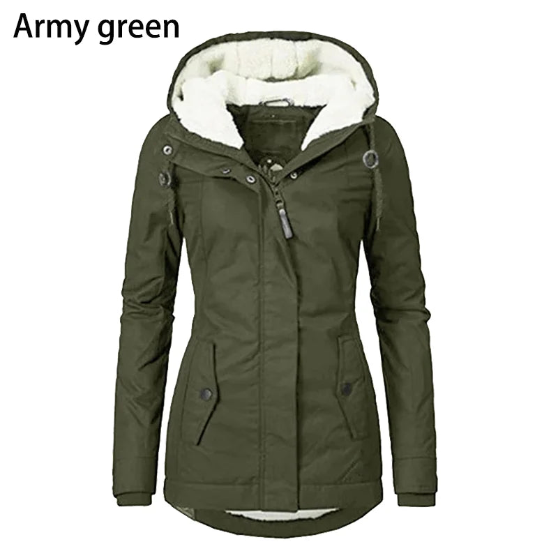 Black women's winter warm coat by Lamp Post, outdoor hiking hooded windproof jacket with a snug fit and durable fabric.