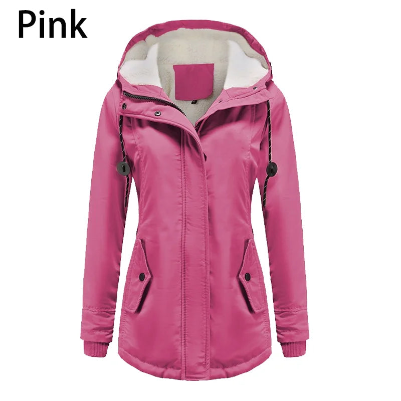 Black women's outdoor winter coat by Lamp Post, hooded, windproof, warm jacket perfect for hiking and cold weather outdoor activities.