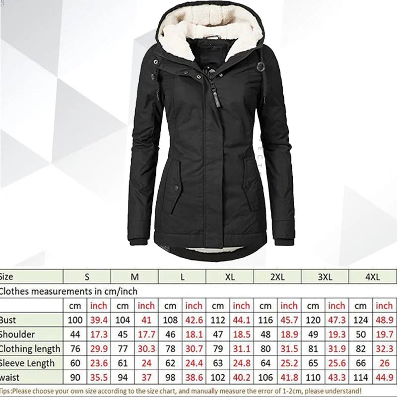 Black women's winter warm coat by Lamp Post, outdoor hiking jacket with hood, windproof and suitable for cold weather.