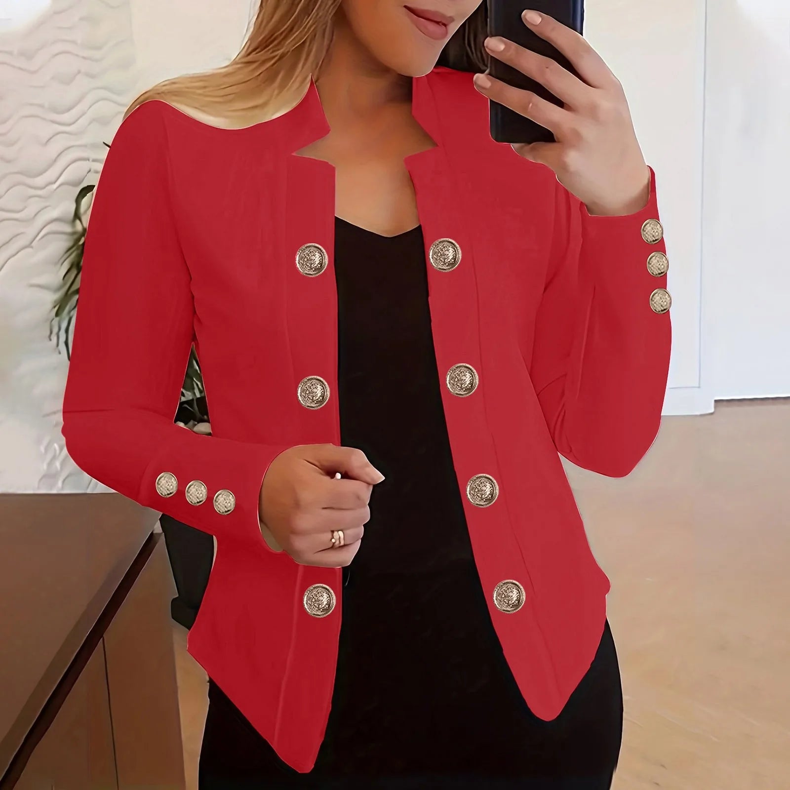 Women’s stylish red blazer jacket from Lamp Post, featuring a tailored fit and classic design, perfect for professional or casual wear.