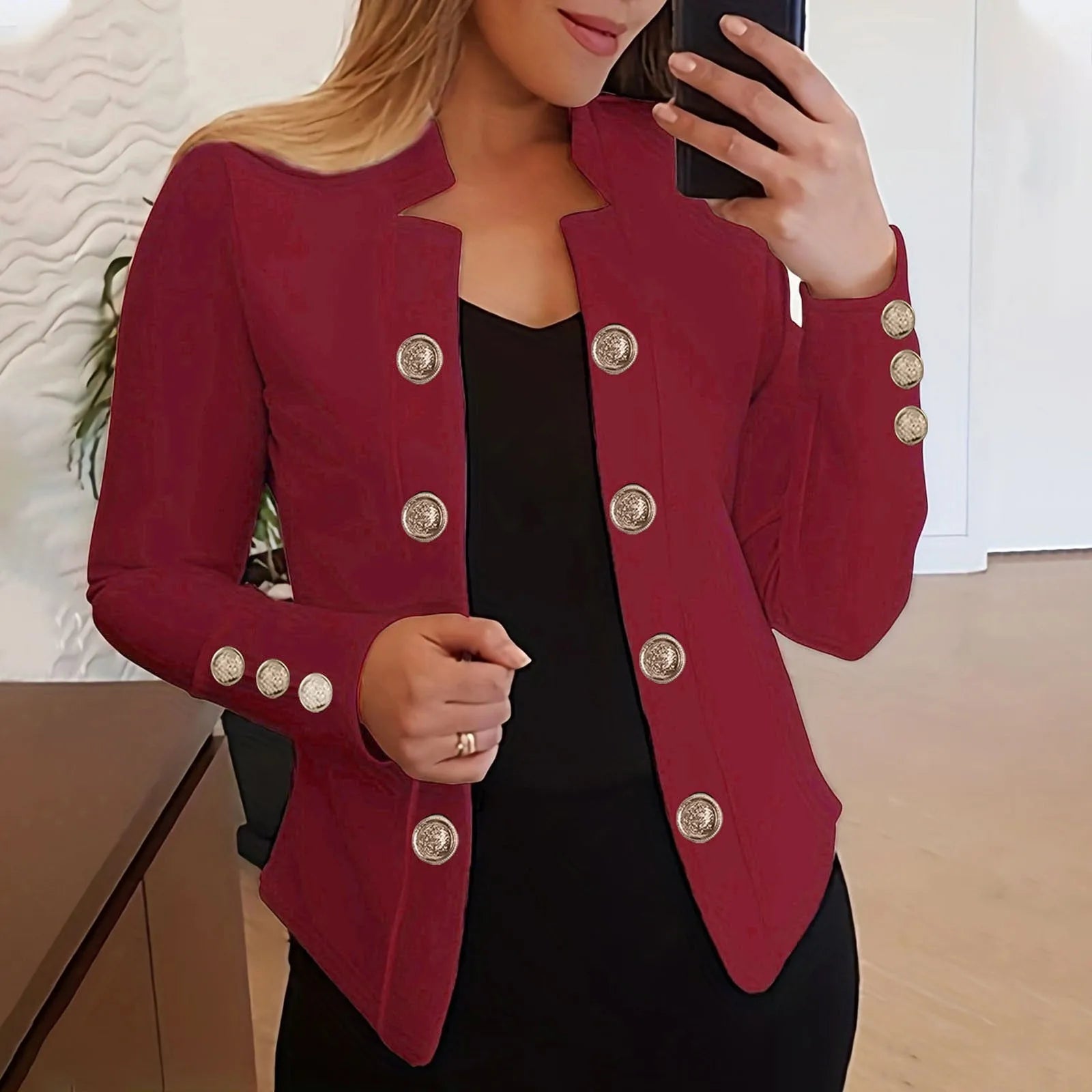 Women Lamp Post stylish red blazer jacket, tailored fit, featuring a classic collar and button closure, suitable for professional or casual wear.