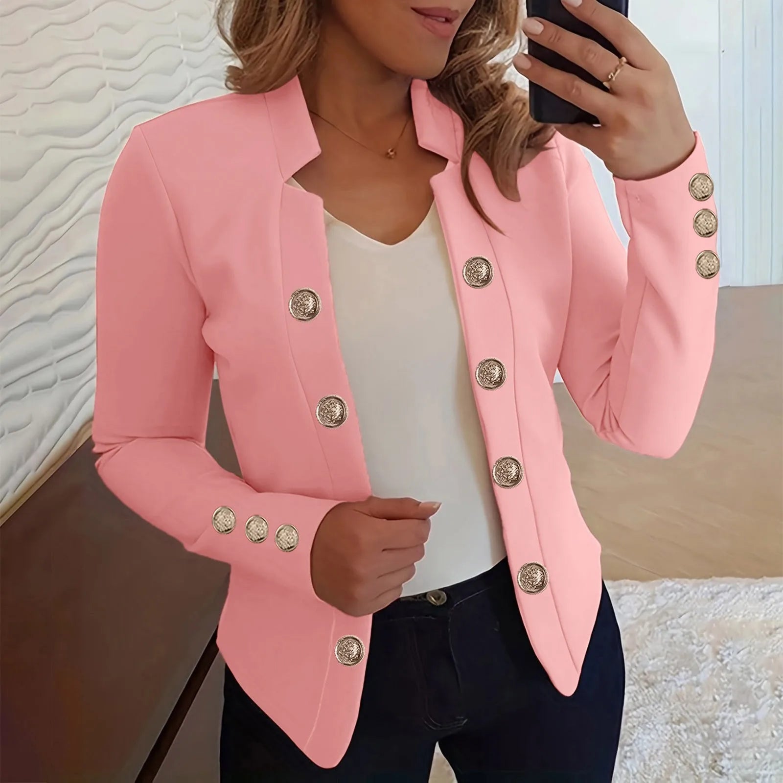 Women’s stylish red blazer jacket by Lamp Post, featuring a tailored fit and classic design, shown on a model.