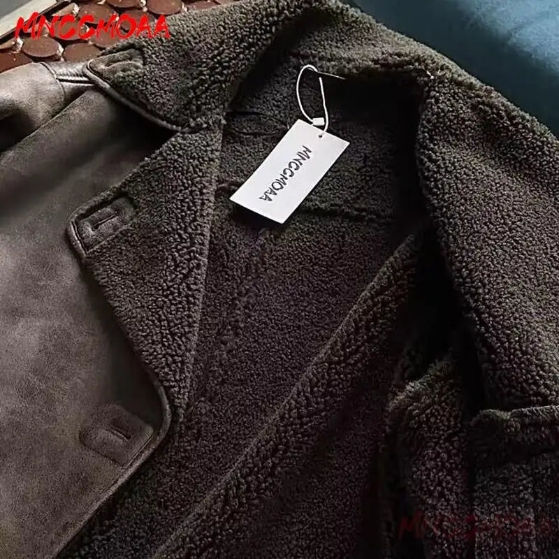 Women’s long sleeve brown jacket from Lamp Post with solid color, casual style, front pockets, and outwear design.