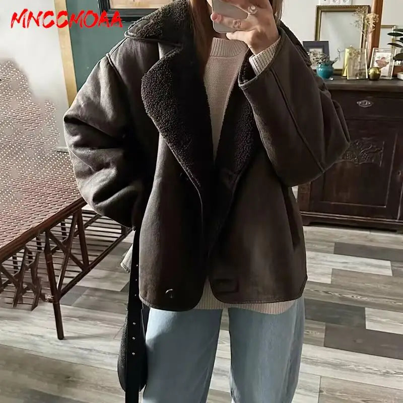 Women’s long sleeve brown jacket by Lamp Post with solid color, casual style, pockets, and outwear design.