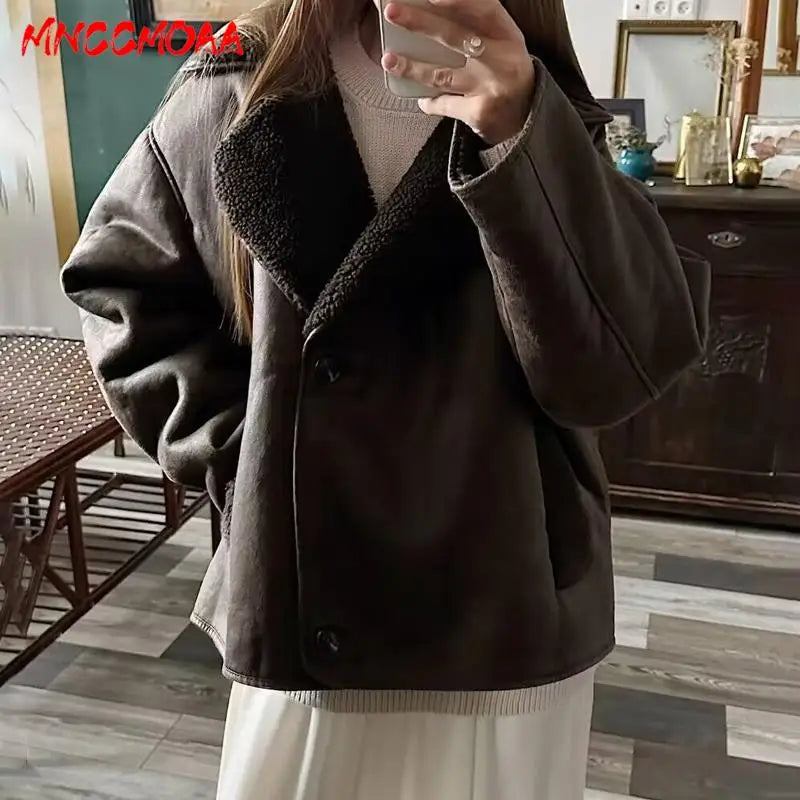 Women’s long sleeve brown jacket by Lamp Post featuring a casual solid design, pocket details, and outwear style.