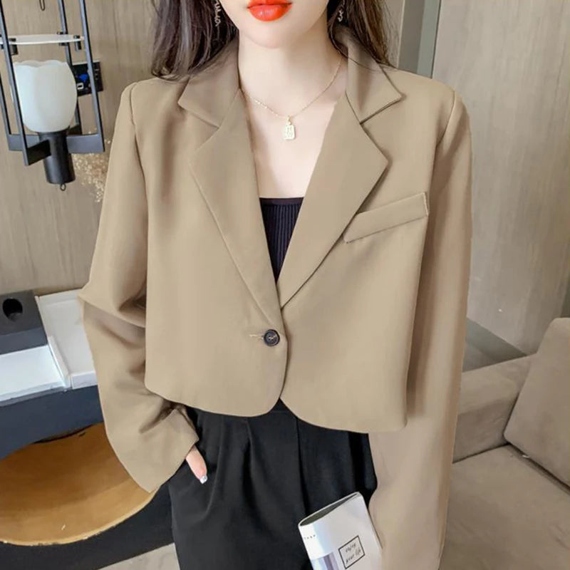 Coffee-colored cropped blazer for women by Lamp Post, stylish winter jacket with a tailored fit, ideal for 2024 fashion.