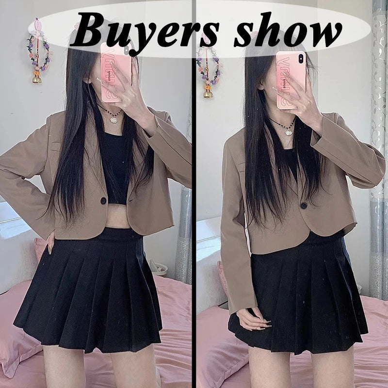 Light brown cropped blazer for women by Lamp Post, stylish winter jacket perfect for 2024 fashion trends.