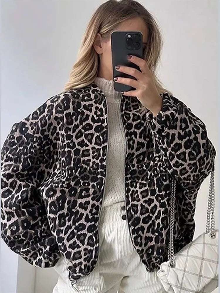 Lamp Post women's long sleeve jacket with fall-colored leopard print design, perfect for autumn outfits.