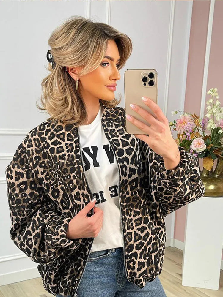 Lamp Post women's long sleeve leopard print jacket in fall colors, perfect for stylish seasonal wear.