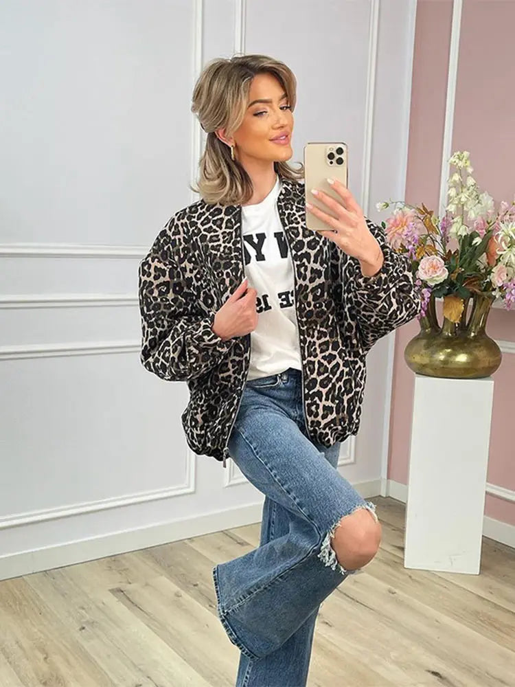 Lamp Post women's long sleeve jacket in fall-colored leopard print, stylish and cozy for seasonal wear.