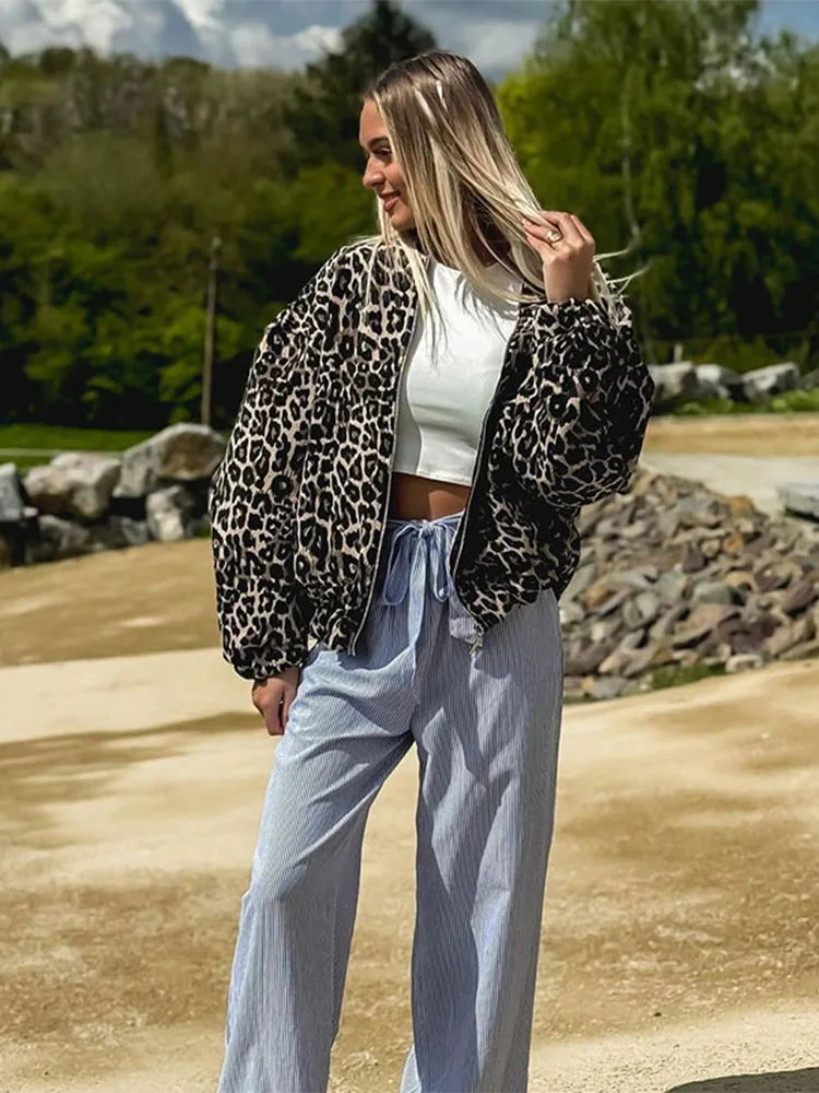 Lamp Post women's leopard print long sleeve jacket in fall colors, stylish and cozy for cooler weather.