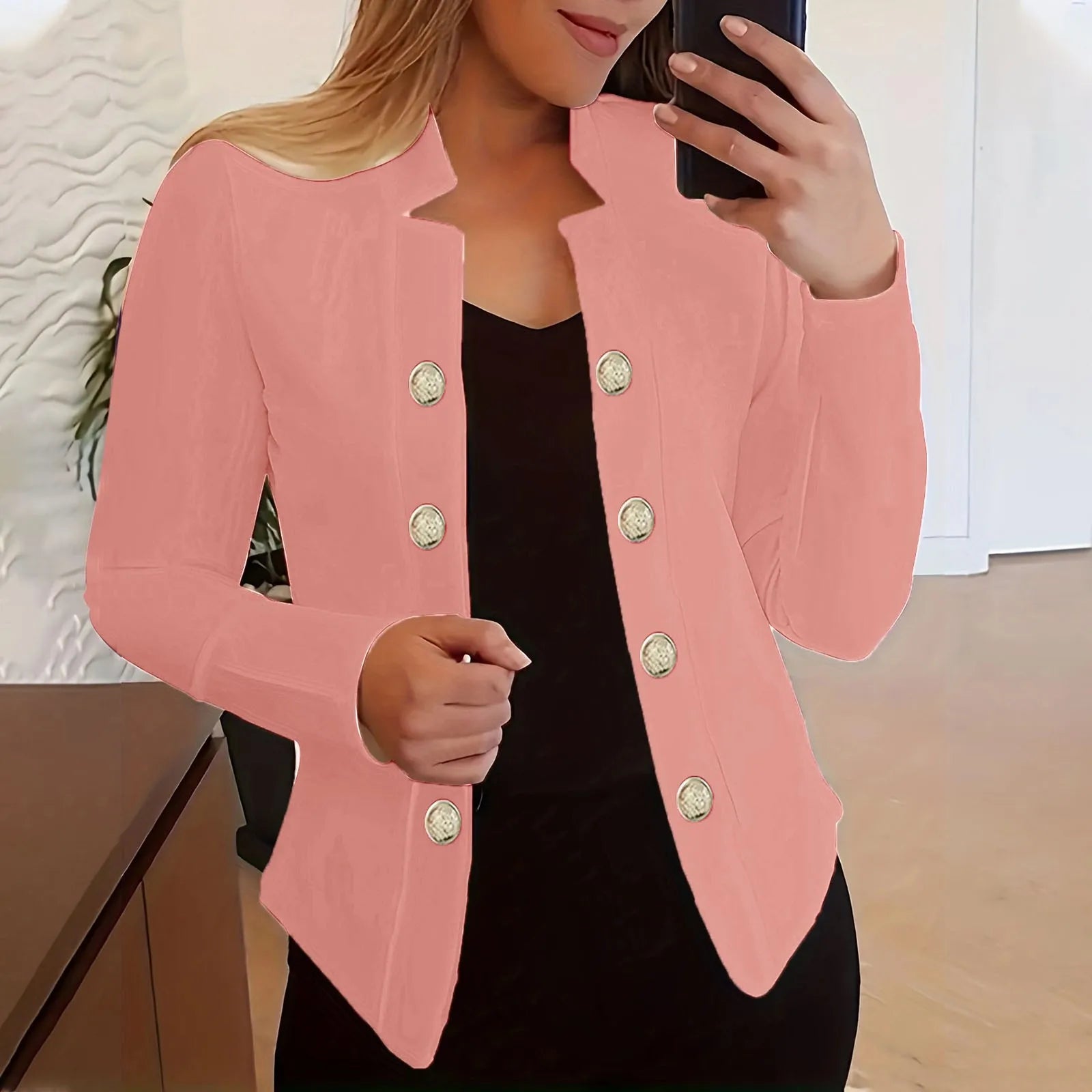 Pink women's jacket suit from Lamp Post featuring a long-sleeve cardigan-style coat with a fashionable design.