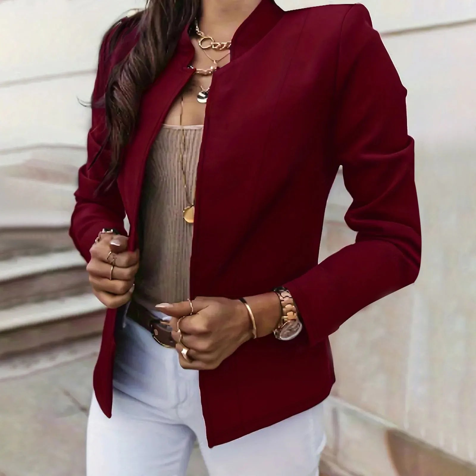 Lightweight women's blazer from Lamp Post, ideal for autumn and winter 2024, shown in a stylish, fitted design.