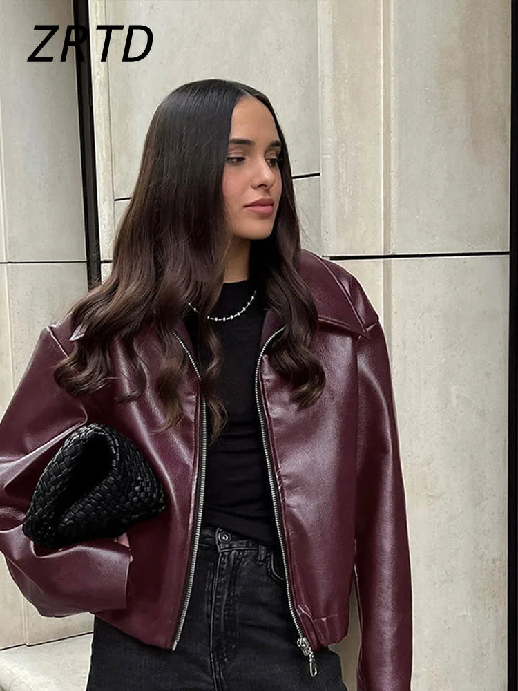 Red wine leather jacket for women by Lamp Post, long sleeve female coat with stylish design and sleek fit.