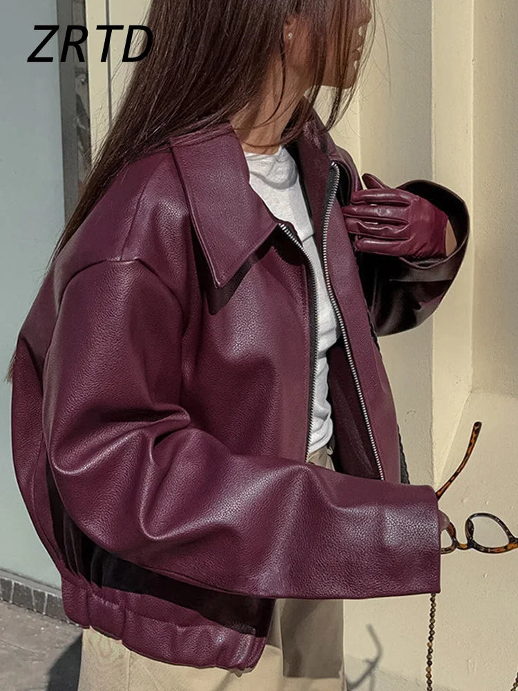 Red wine leather jacket for women by Lamp Post, long sleeve fashion coat with a fitted design and stylish details.