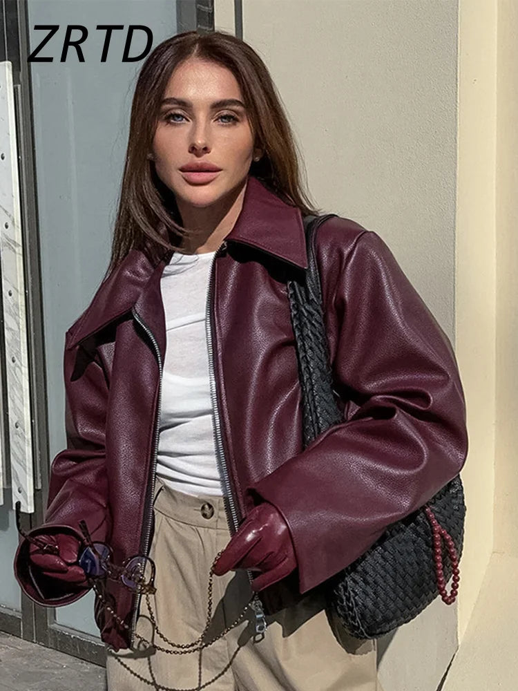 Red wine leather jacket for women by Lamp Post, long sleeve female coat with stylish design and fitted silhouette.