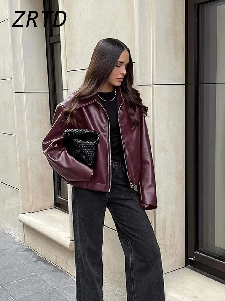 Red wine leather jacket for women by Lamp Post, long sleeve female coat with stylish and fashionable design.