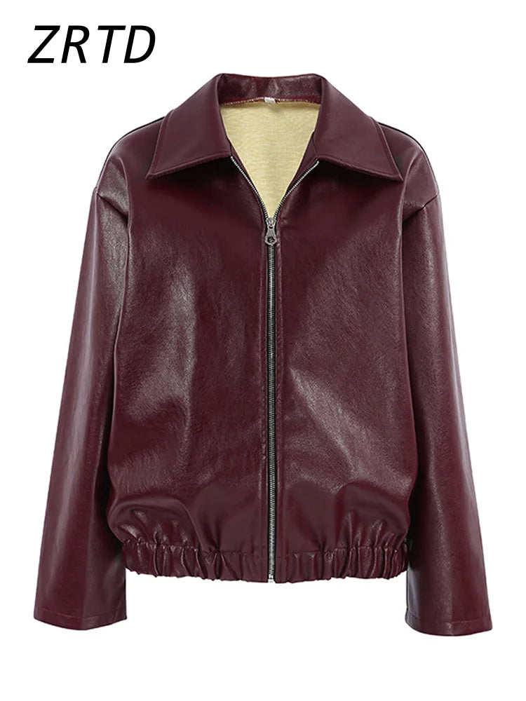 Red wine leather jacket for women by Lamp Post, long sleeve fashion coat with a stylish and sleek design.
