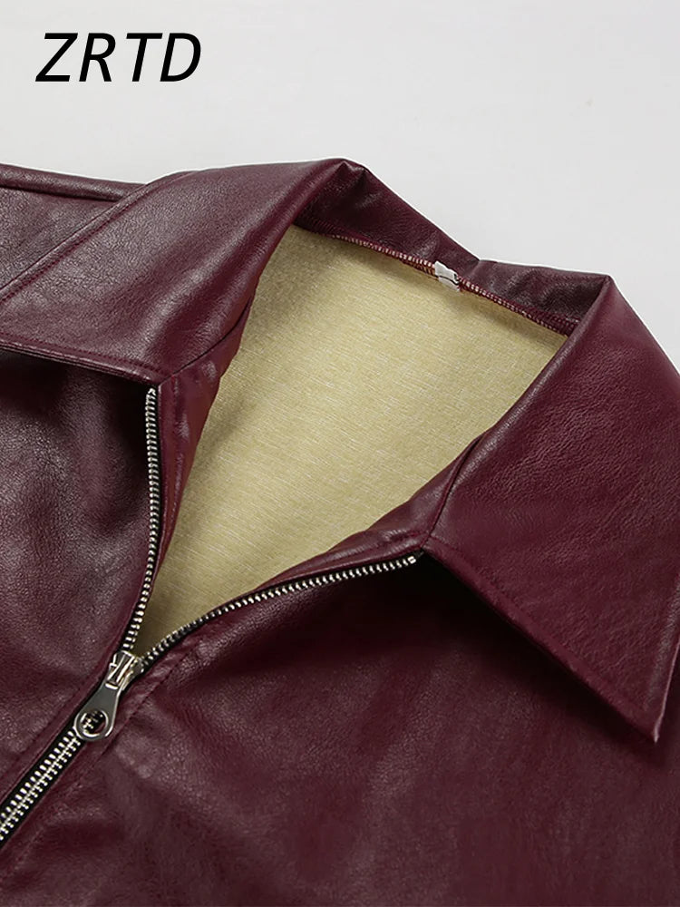 Red wine leather jacket for women from Lamp Post, long sleeve fashion coat with a stylish, fitted design.
