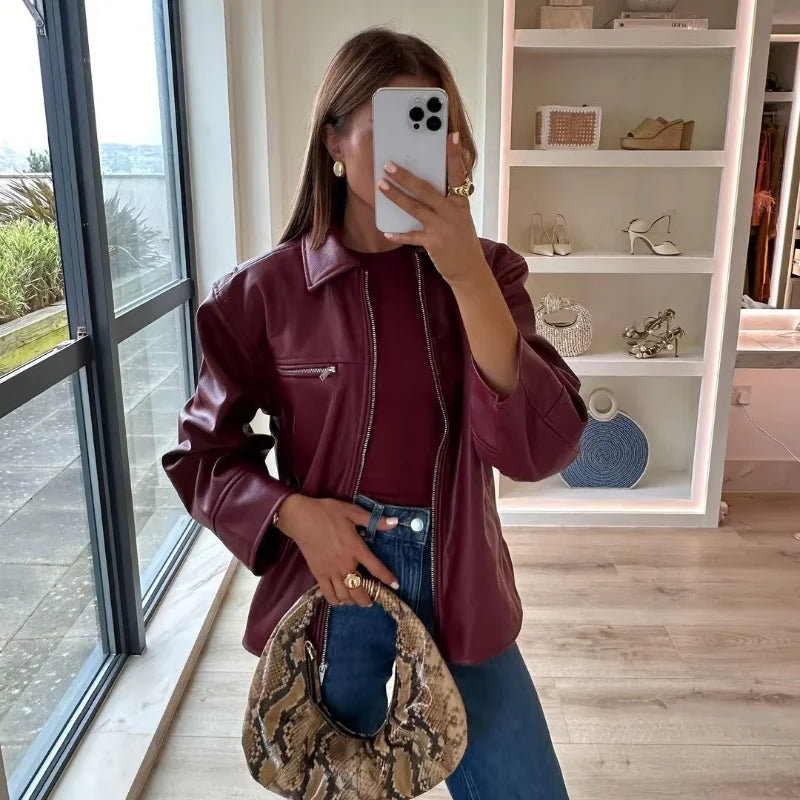 Red wine leather women's jacket by Lamp Post featuring long sleeves and a stylish design for fashionable female coats.