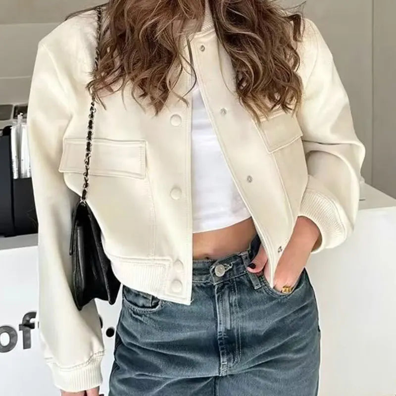 Beige women’s long sleeve bomber jacket from Lamp Post, stylish outerwear with a modern 2024 design.