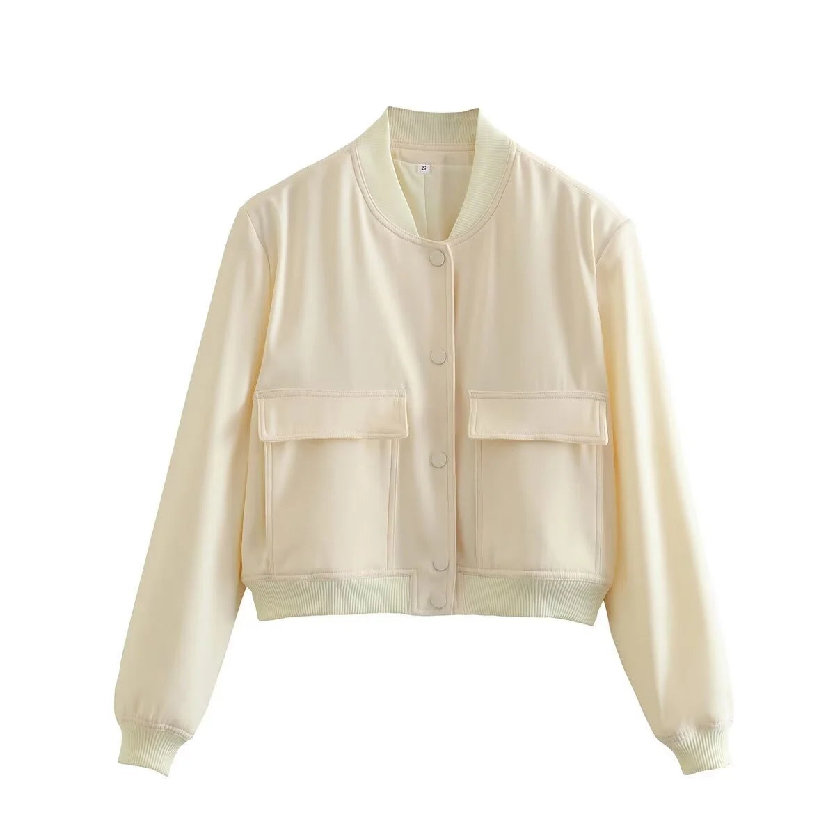 Beige Lamp Post women's bomber jacket with long sleeves, stylish outerwear for 2024.