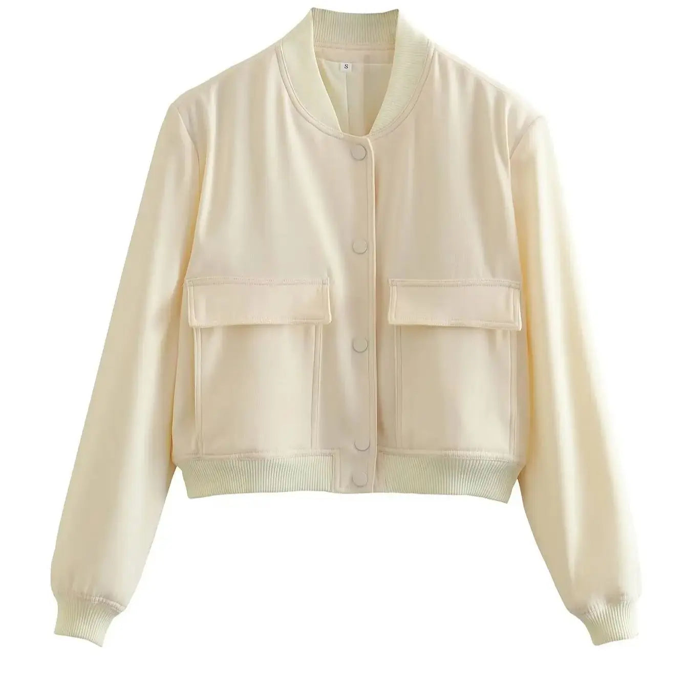 Beige Lamp Post women's bomber jacket with long sleeves, stylish outerwear perfect for 2024.