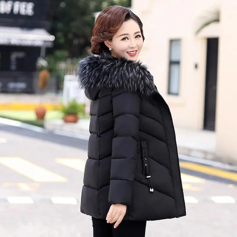 Wine-red women's winter jacket by Lamp Post, warm and stylish, shown in 4XL size, designed for cold weather comfort and fashion.