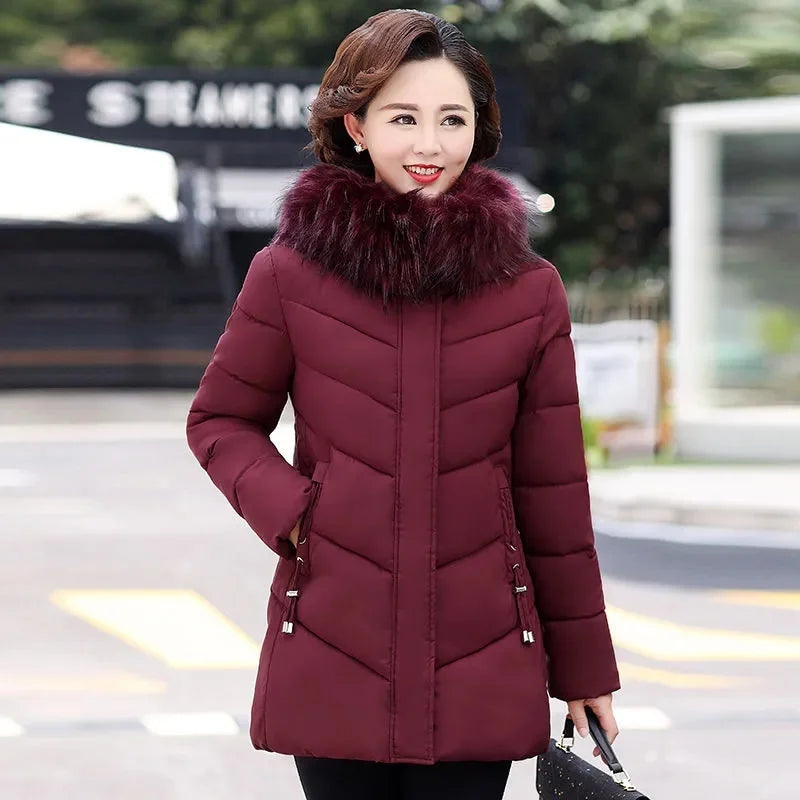Wine red women's winter jacket by Lamp Post, stylish and warm 4XL coat ideal for winter wear and cold weather.