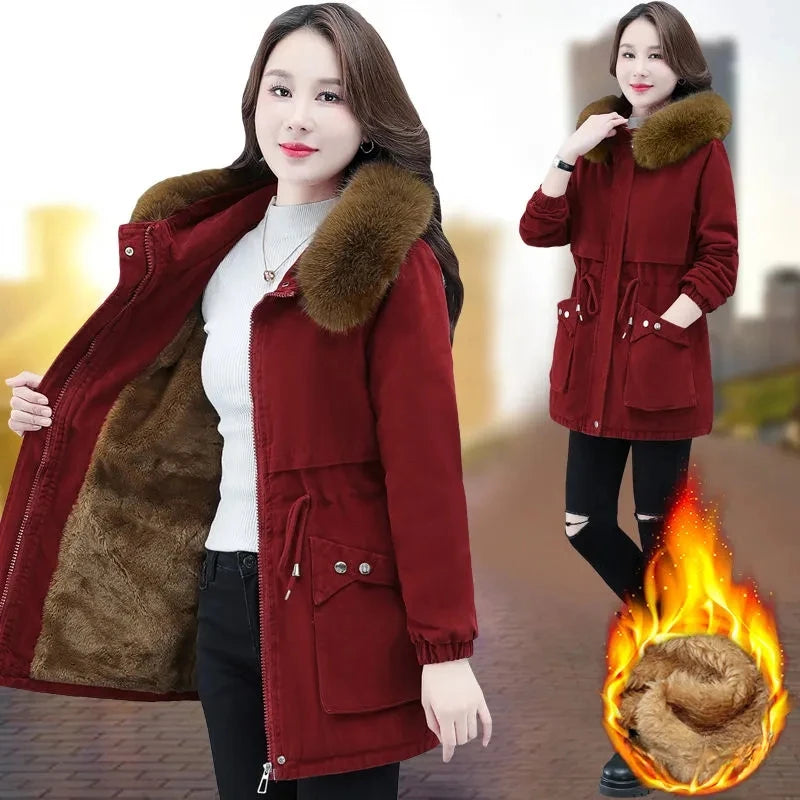 Women’s winter jacket by Lamp Post, large size cotton outerwear in wine red, featuring a cozy, stylish design for cold weather.