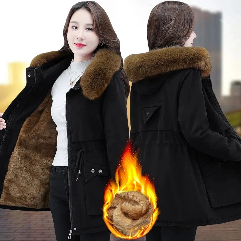 Wine-red women's winter jacket by Lamp Post, large size cotton outerwear with a cozy, stylish fit for cold weather.