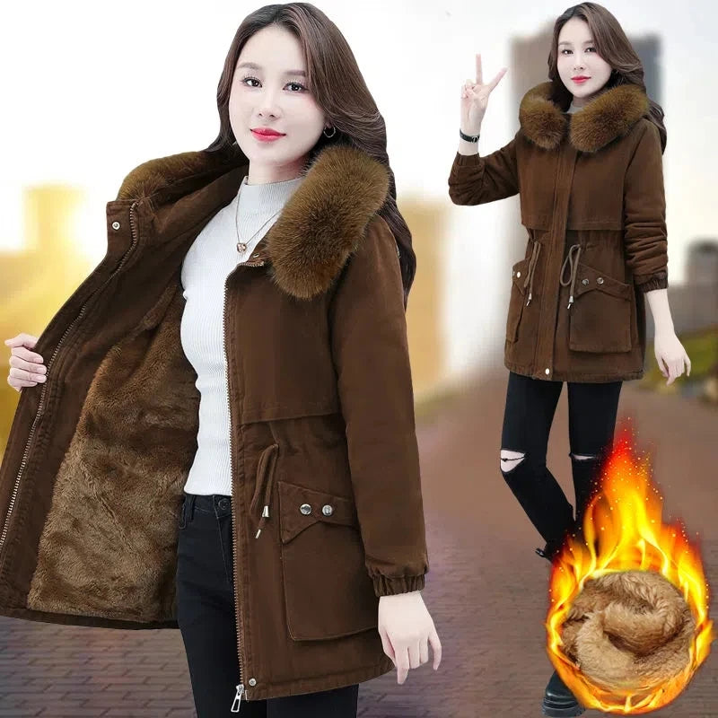 Wine red women's winter jacket by Lamp Post, large size cotton outerwear with a cozy, stylish fit for cold weather.