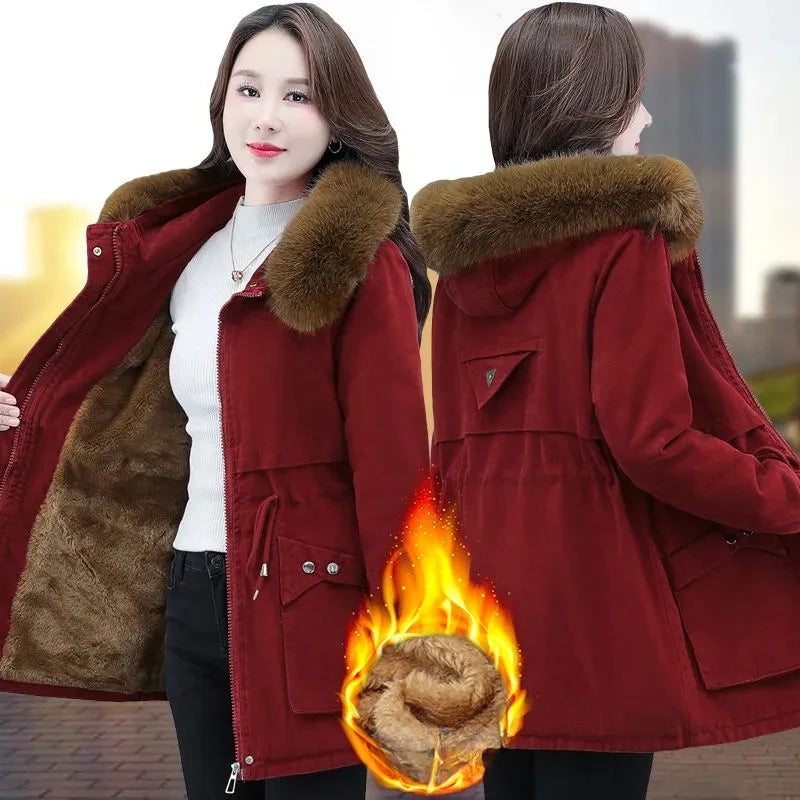 Wine-red women's winter jacket by Lamp Post, large size cotton outerwear with a hood and quilted design.